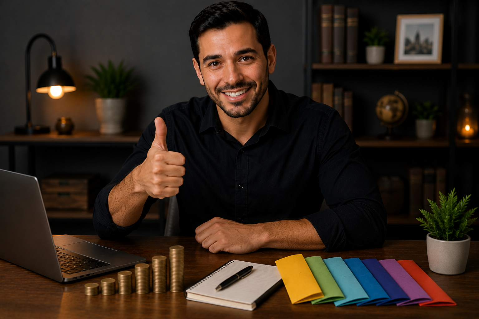 Professor de finanças celebrando organização financeira